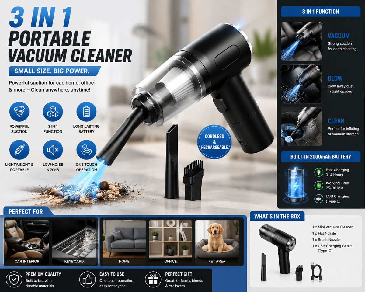 3-in-1 Cordless Mini Vacuum Cleaner for Car, Home & Keyboard | Portable Handheld Vacuum