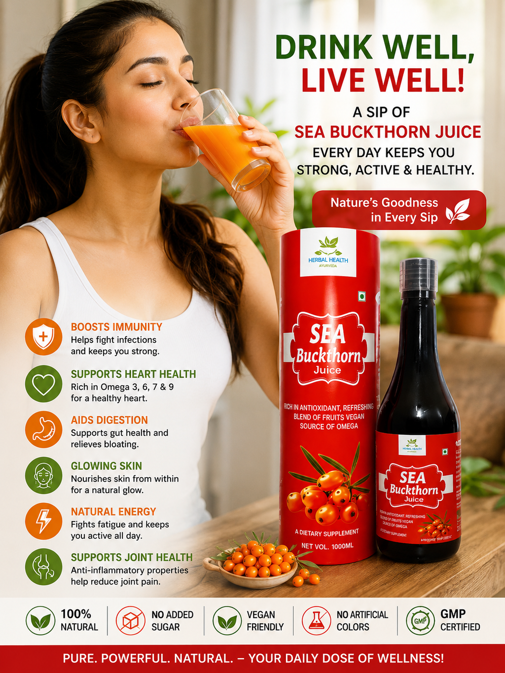 Premium sea Buckhorn Juice - 1000ml | Rich in Antioxidants & Omega
