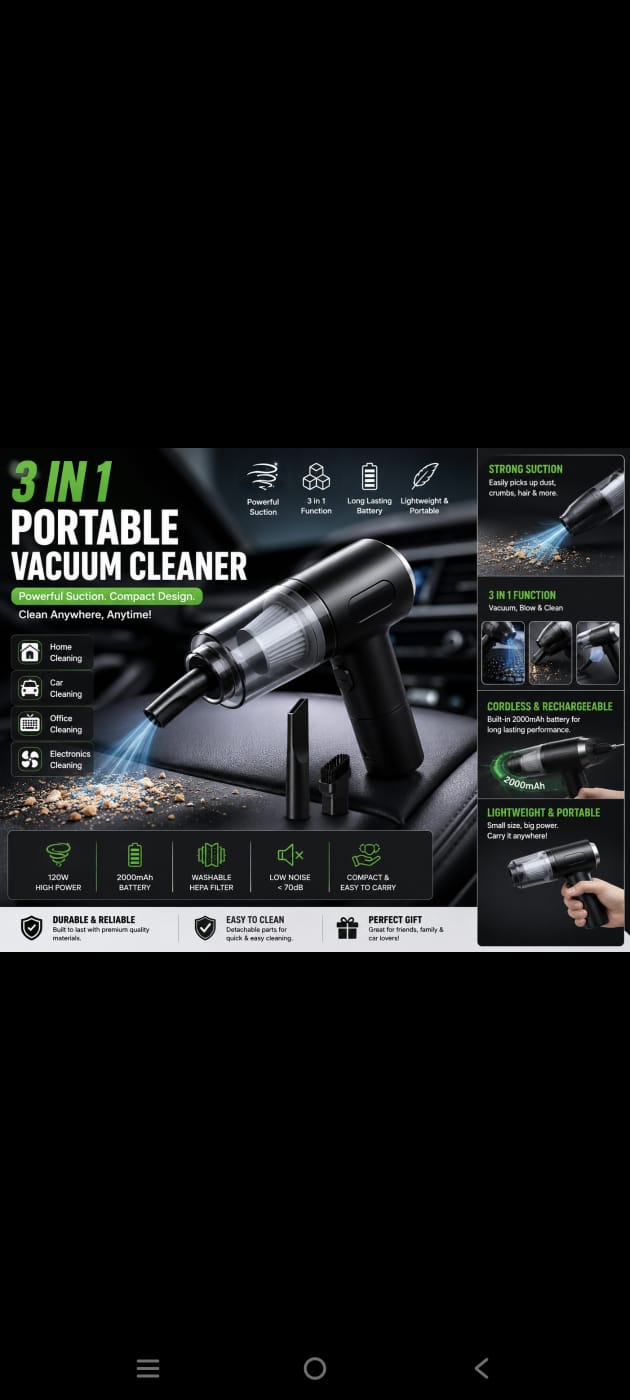3-in-1 Cordless Mini Vacuum Cleaner for Car, Home & Keyboard | Portable Handheld Vacuum